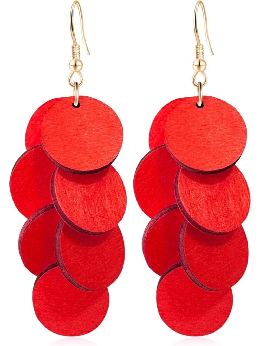 Women's Red Handmade Bohemian Wooden Round Geometry Dangle Drop Earrings